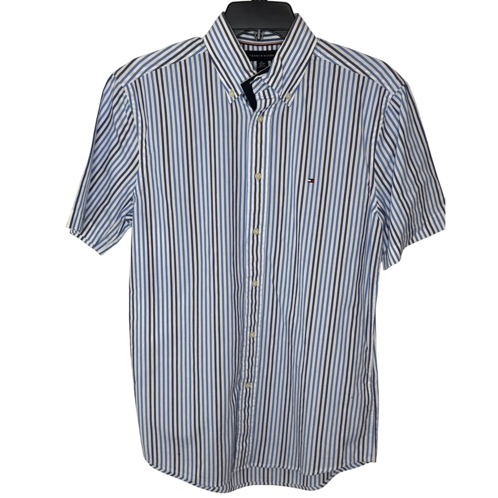 Tommy Hilfiger Mens Short Sleeve Striped Button Down Shirt‎ XS Blue